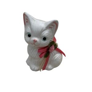 Vintage White Kitten Figurine Ceramic Cat with Pink‎ Ribbon Bow Decor